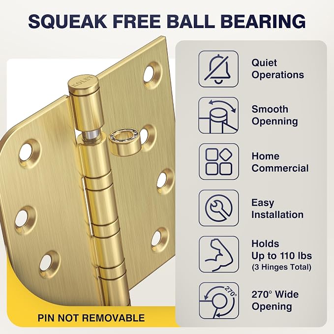 KOLET Ball Bearing Door Hinge, 4 x 4 Inches, Brushed Gold, 3 Pack | Square and - Image 5