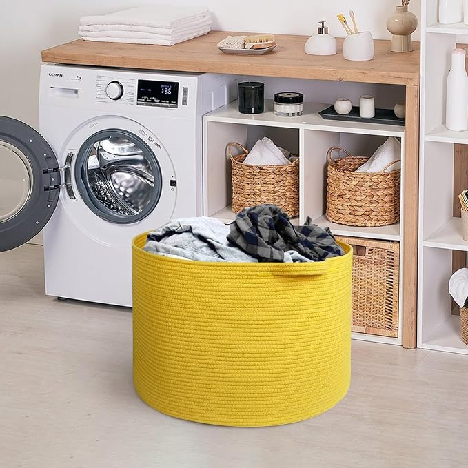 Extra Large Yellow Basket, 22” X 22” X 14” Cotton Rope Yellow Decor - Image 7