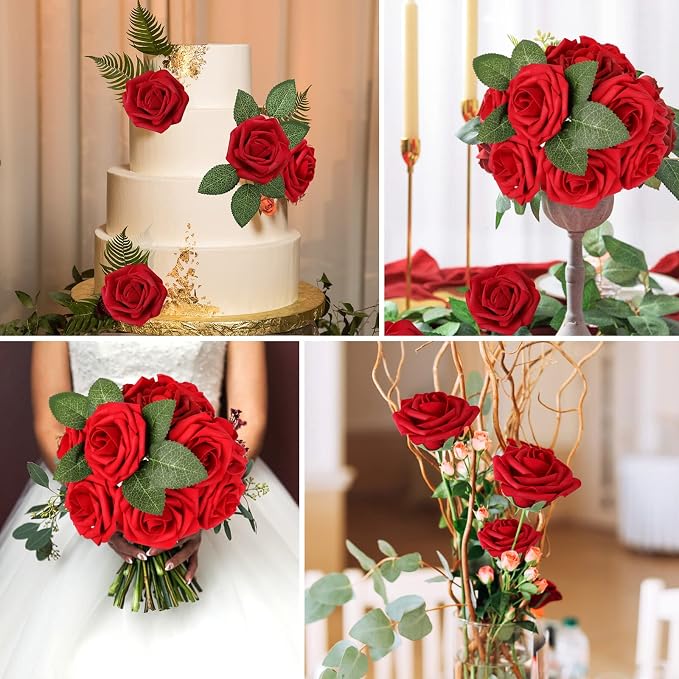 AmyHomie Dark Red Rose 25pcs Real Looking Artificial Flowers w/Stem | Bouquet - Image 3