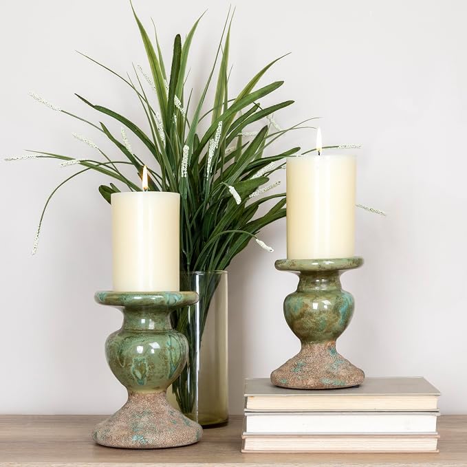Creative Co-Op 2-Tone Sculptural Terracotta Pillar Candle Holder, Distressed - Image 4