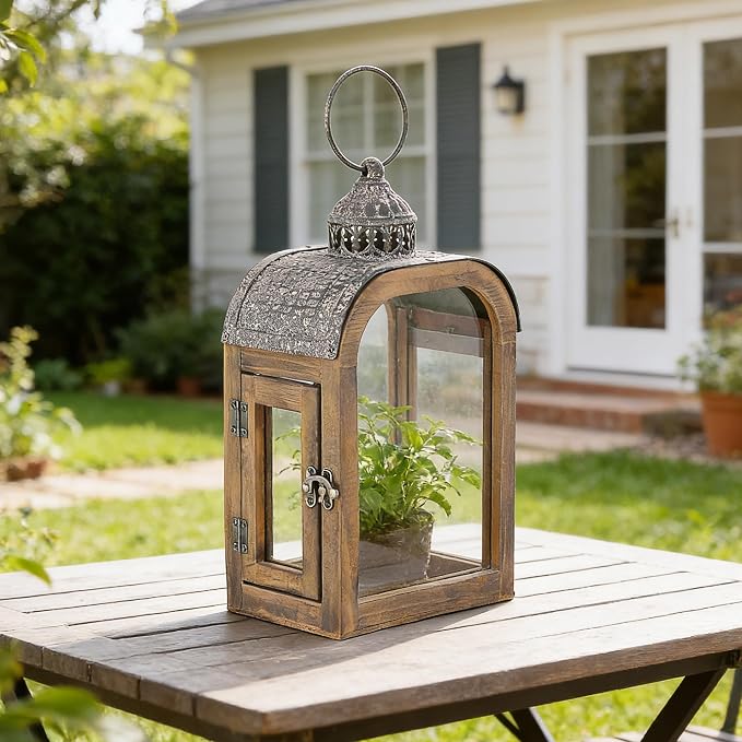 11" High Farmhouse Decorative Lantern, Glass and Metal, Distressed Brown Wood - Image 4