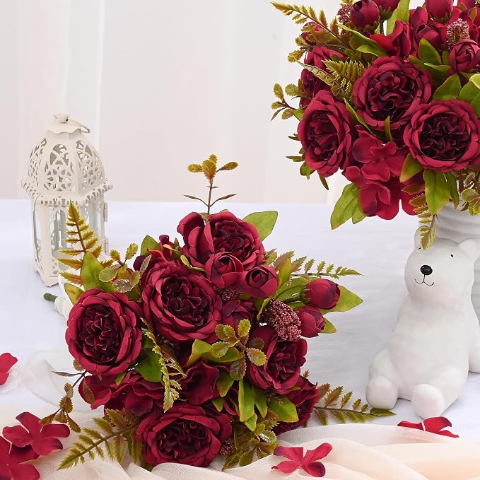 4 Packs Peonies Artificial Flowers Burgundy Silk Flowers Artificial Peonies | - Image 2