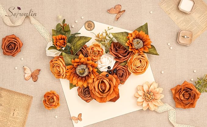 Serwalin Sunflower Artificial Flowers Burnt Orange Fall Flowers - Image 8