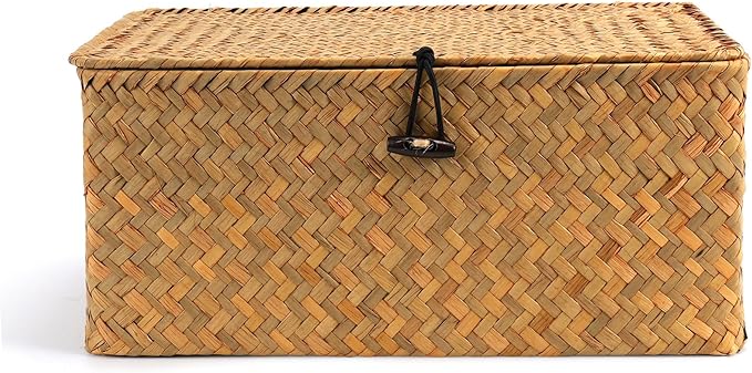 Nonam Small Wicker Basket with Lid, Seagrass Shelf Storage Basket, Natural | - Image 2