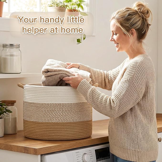 Artfeel 100L Large Cotton Rope Basket, Decorative Woven Blanket Storage - Image 4