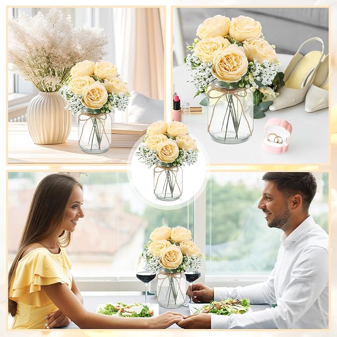 12 Sets Mason Jar Flowers Centerpiece Table Decorations, Champagne | Faux - Image 5