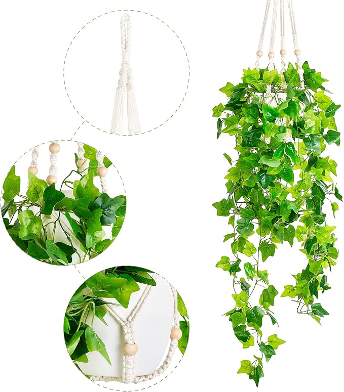 Dahey Fake Hanging Plant Macrame Hanger Potted Vines Indoor Decor, 1 Pack | No - Image 5
