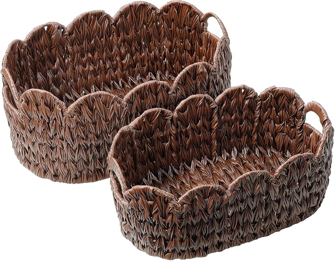 Coeusy Wicker Scalloped Basket Set of 2, Woven Storage Baskets - Image 9