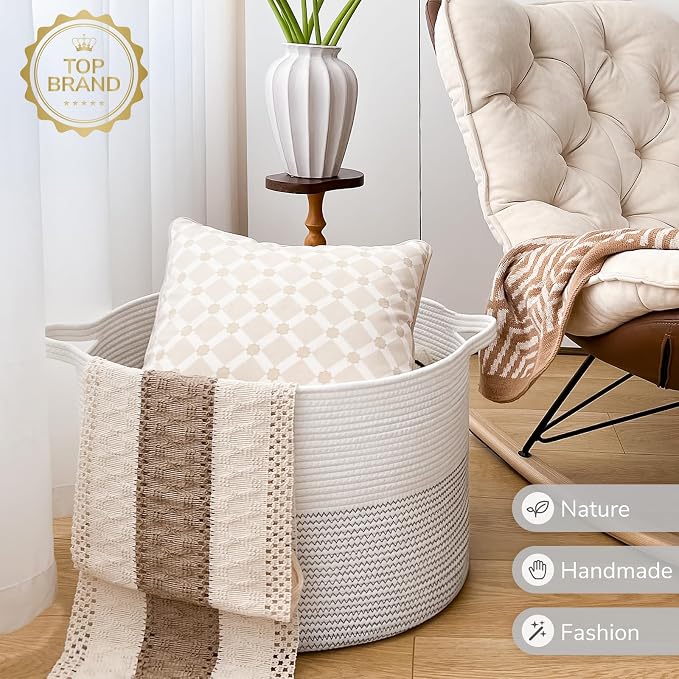INDRESSME XXXLarge Woven Rope Blanket Basket Living Room White, 90L | 21.7" x - Image 7