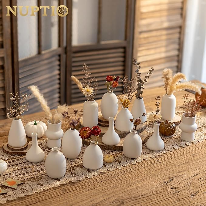 NUPTIO Small White Ceramic Vase: 15 Pcs Assorted Vases | Bud Vase Centerpiece - Image 3
