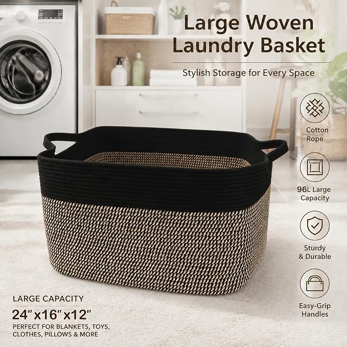 96L Laundry Basket with Handles, Extra Blanket Basket, Living Room - Image 5
