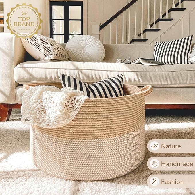 INDRESSME XXXLarge Woven Wicker Blanket Basket Living Room White Jute, 90L | - Image 5
