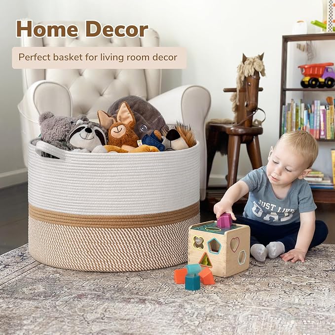 INDRESSME XXXLarge Woven Rope Blanket Basket Living Room White Camel, 90L | - Image 2