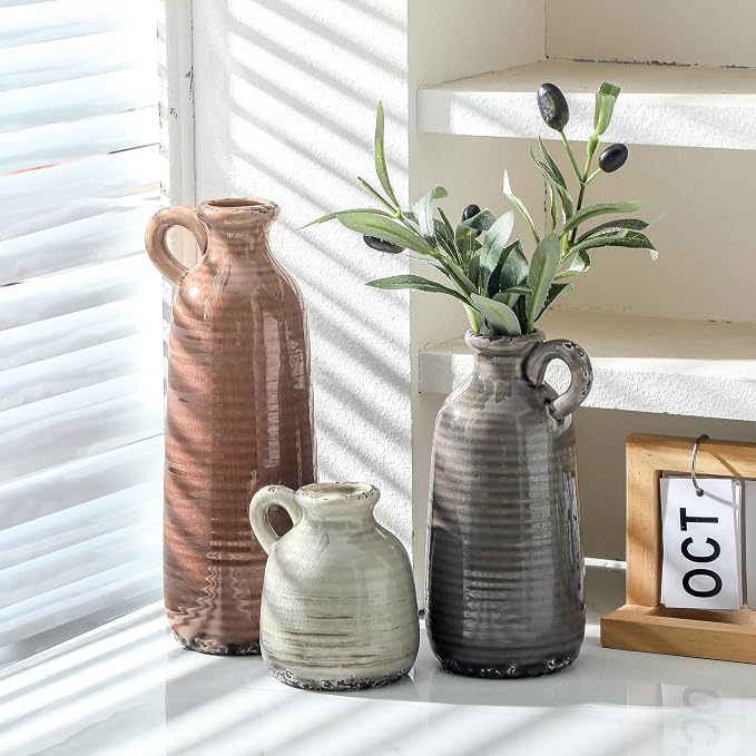 Ceramic Vases Set of 3, Neutral Rustic Farmhouse Vase - Image 9