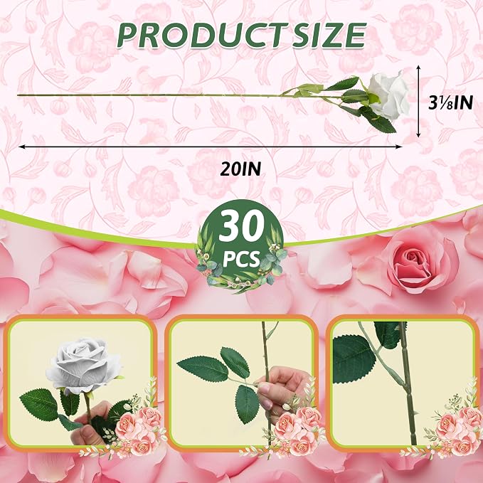 30 PCS Fake White Roses, Artificial White Flowers Bulk, Silk Faux Roses | - Image 2