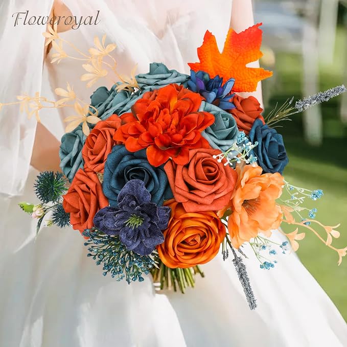 Artificial Flowers Combo Orange Flowers Mix Silk Flowers Dahlia Roses - Image 7