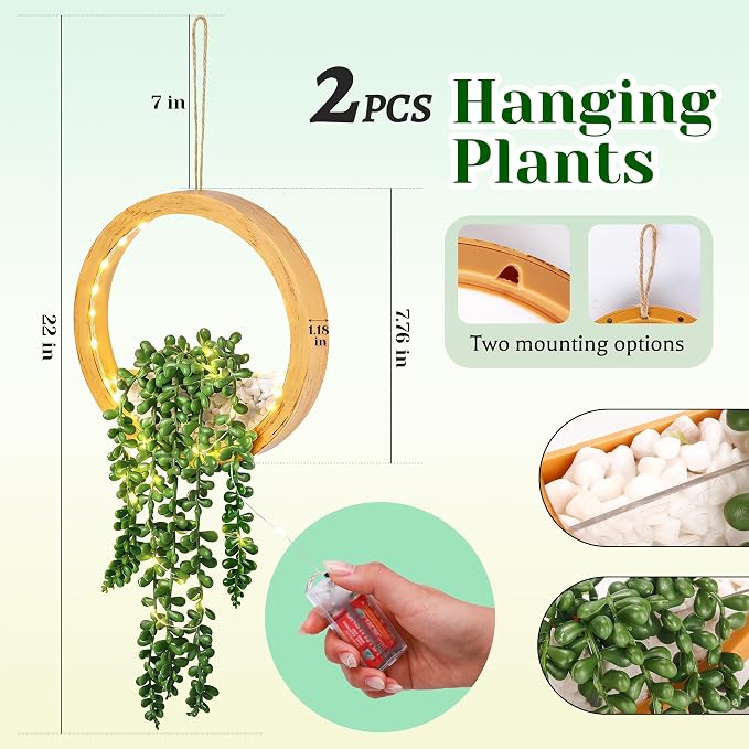 Der Rose 2 Pack Fake Lighted Hanging Succulent Plants Wood Pot - Image 3