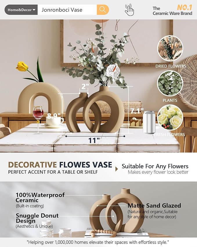 Set of 2 Brown Ceramic Vases for Home Decor Accents - Image 2