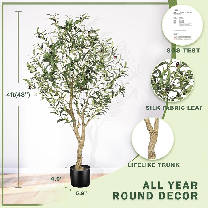 Faux Olive Tree 4ft with Large Olive Branches and Lifelike Leaves | 4ft Olive - Image 3