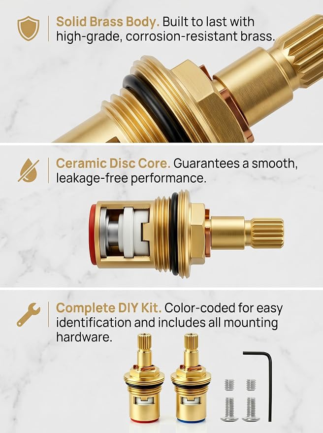 2-Pack Brass Faucet Cartridge Replacement, 1/2" Ceramic Disc Hot/Cold Water - Image 4