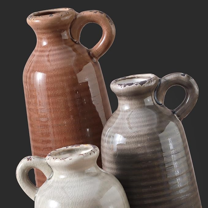 Ceramic Vases Set of 3, Neutral Rustic Farmhouse Vase - Image 3