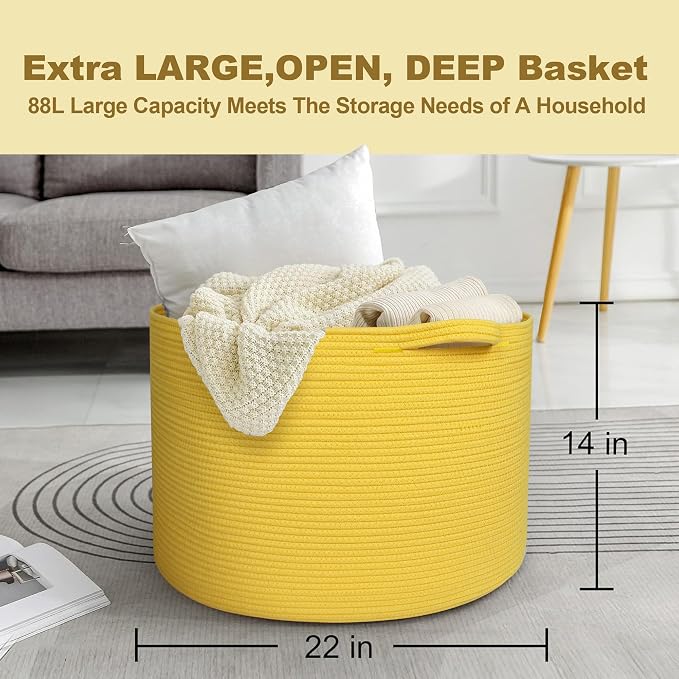 Extra Large Yellow Basket, 22” X 22” X 14” Cotton Rope Yellow Decor - Image 3