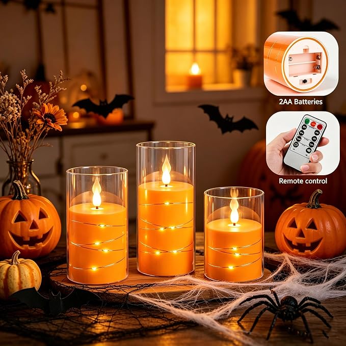 Da by 3 Pack Orange Transparent Acrylic Flameless Taper Candles, Flickering - Image 5