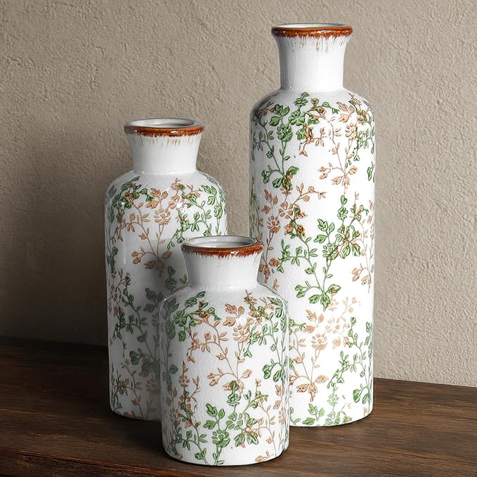 Brown and Green Ceramic Vase Set of 3, Vintage Botanical Vases by CheeryStow