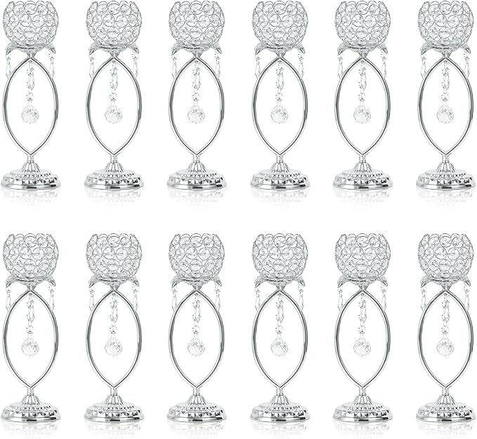 12 Pcs Silver Elegant Metal Crystal Tea Light Candle Holders | by kehail