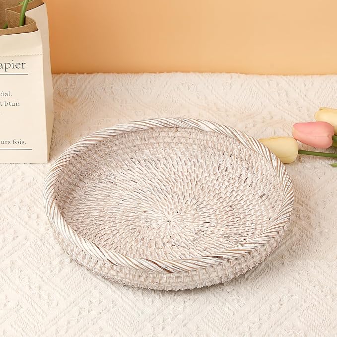 Hipiwe Key Basket Bowl for Entryway 10" Round Woven Wicker Serving Tray | - Image 7