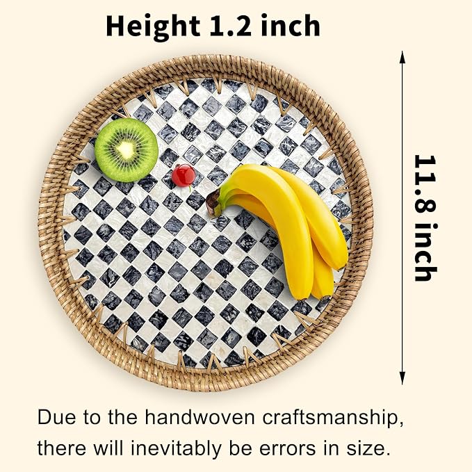 Round Rattan Tray with Mother of Pearl Inlay, Decorative Basket with Wooden Base - Image 2