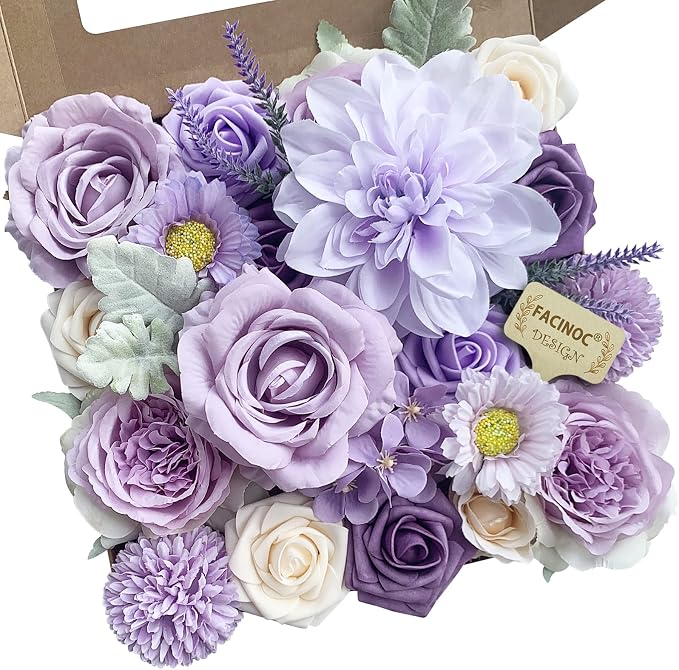 FACINOC Roses Artificial Flowers Purple Bouquets Mix Silk Dahlia by FACINOC