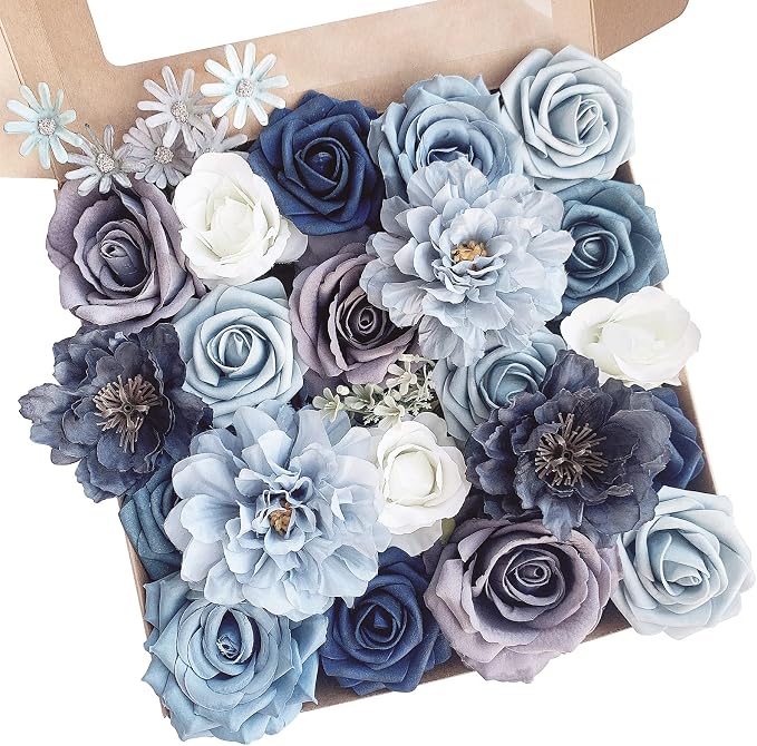 FACINOC Roses Artificial Flowers Dusty Blue Bouquet Fake Flower by FACINOC