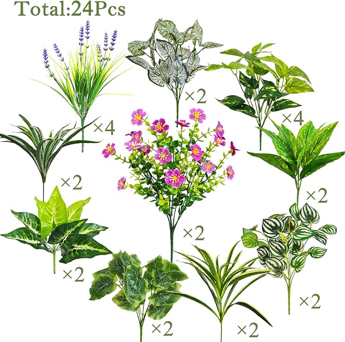 24 Pcs Artificial Plants for Outdoors Faux Greenery Leaves UV Resistant - Image 3