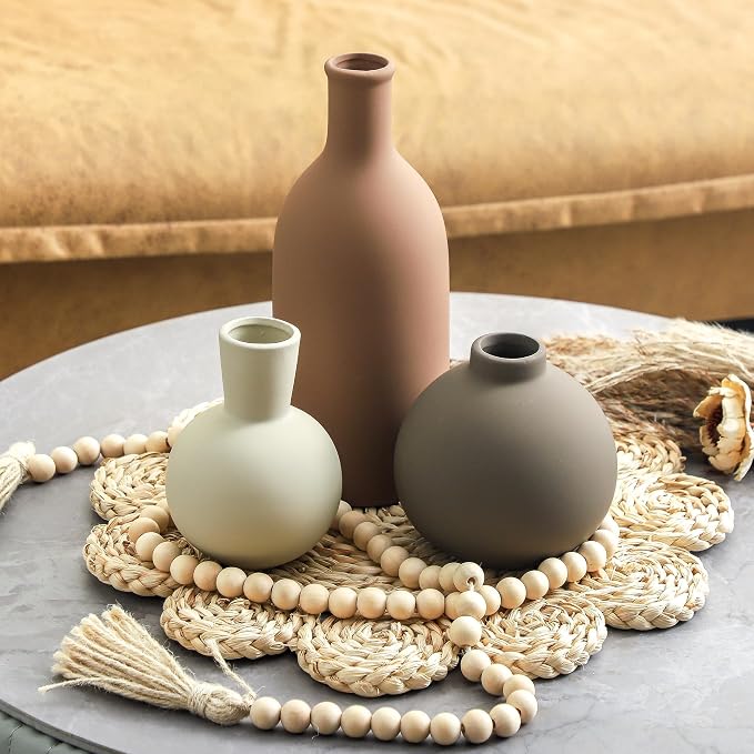 Vase Set of 3 | Ceramic Neutral Vases Home Decor | Rustic Flower Pottery Vases - Image 8