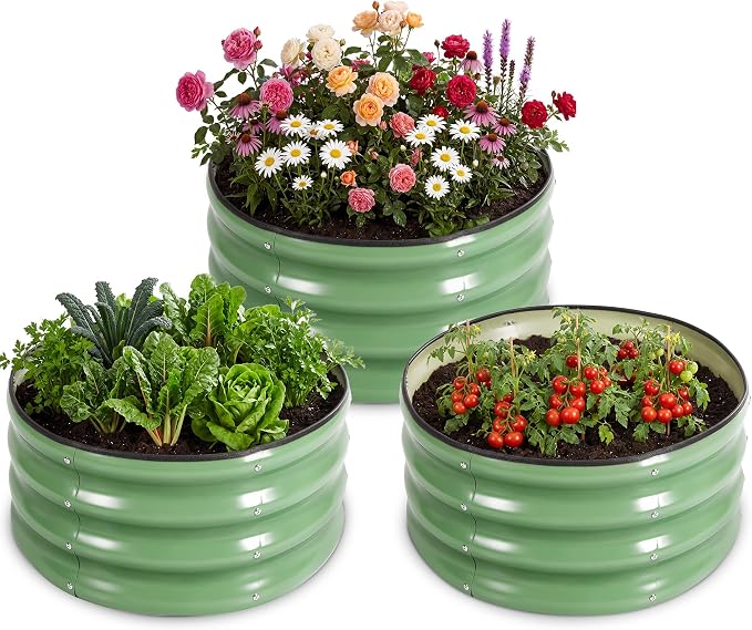 3 PCS Round Raised Garden Bed 2x2x1 ft, Metal Outdoor Planter Box Kit by Tegarbed