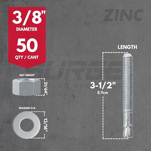 3/8" x 3-1/2" Zinc-Plated Wedge Anchors - Image 2