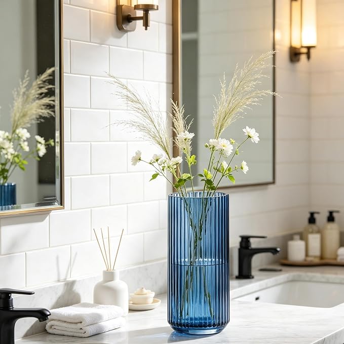 10 inch Blue Glass Flower Vase for Pampas Grass, Medium Decorative Centerpiece - Image 2
