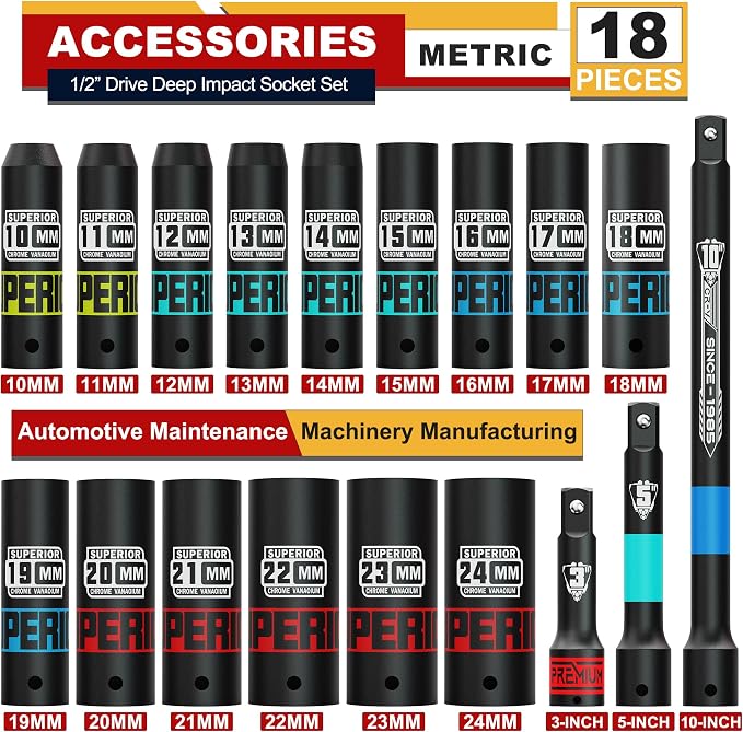 18 Piece 1/2" Drive Impact Socket Set, 10 mm - 24 mm Deep Socket - Image 2
