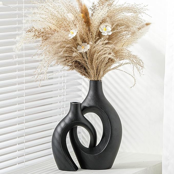 XL Black Ceramic Vase Set of 2 for Modern Home Decor, Neutral Boho Round Donut by 100hand-madeworks