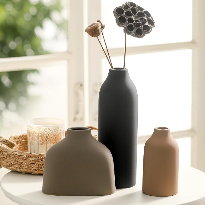 Enra Modern Ceramic Vase Set of 3, Minimalist Pottery Vases - Image 3