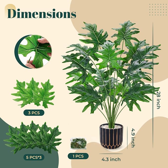 Der Rose 28" Artificial Plants Indoor, Philodendron Plant in Black Gold Pot | - Image 3