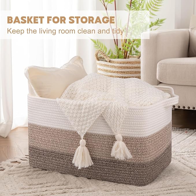OIAHOMY Large Blanket Basket, 65L Cotton Rope Woven Laundry Basket, Toy Bin - Image 2