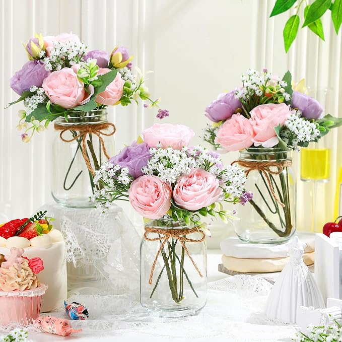 6 Sets Mason Jar Flowers Centerpiece Table Decorations, Artificial Peony Baby's - Image 3