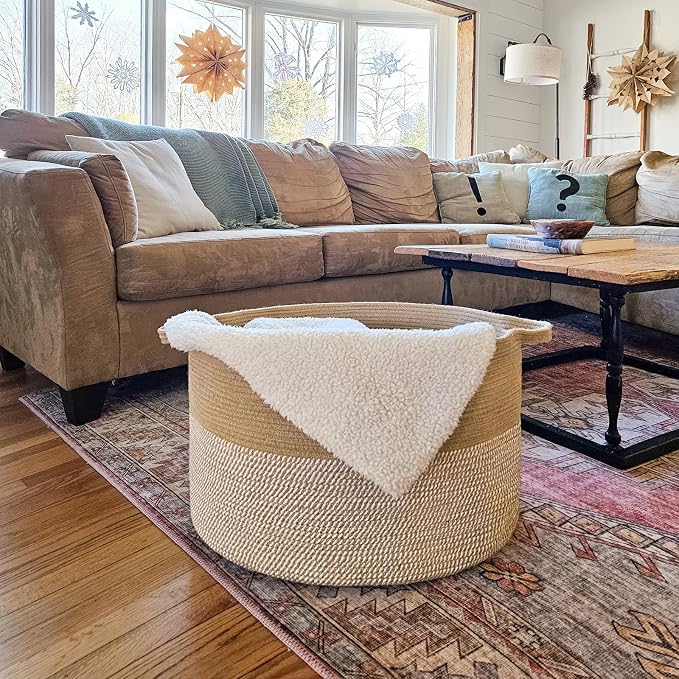 INDRESSME XXXLarge Woven Wicker Blanket Basket Living Room White Jute, 90L | - Image 2