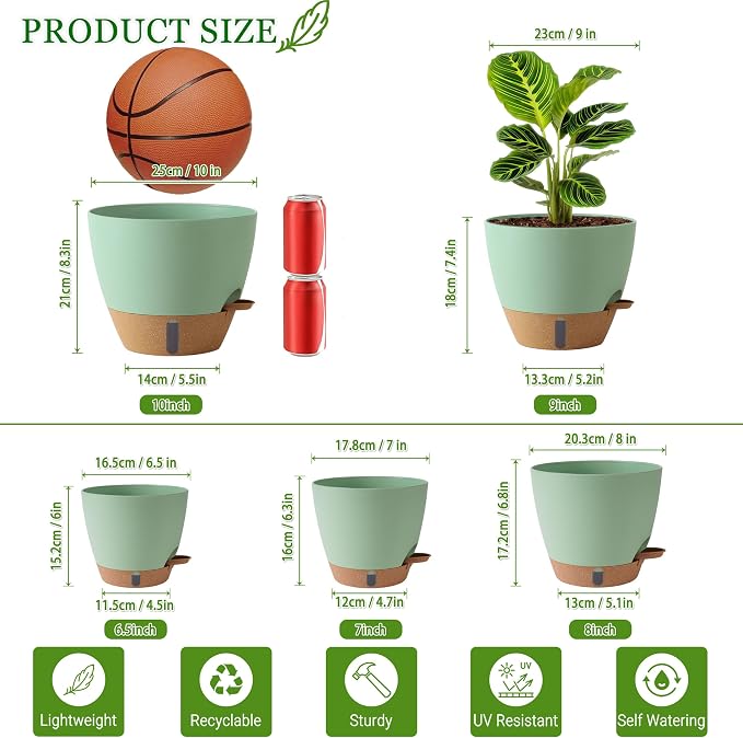 Self Watering Pots for Inoor Ourdoor Plants 10/9/8/7/6.5 Inch, 5 Pack | Plastic - Image 3