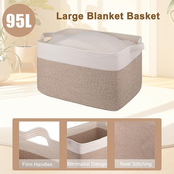 OIAHOMY Extra Large Blanket Basket, 95L Cotton Rope Woven Laundry Basket - Image 4