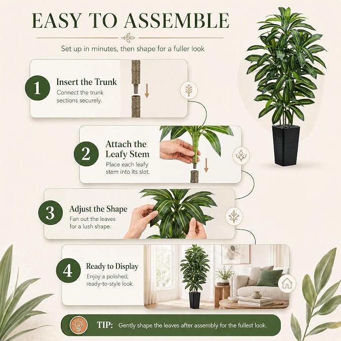 Artificial Dracaena Tree: 5FT Fake Plants Silk Faux Trees（Black Pot） | - Image 6