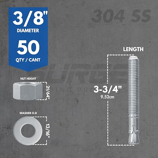 3/8" X 3-3/4" 304 Stainless Steel Wedge Anchors - Image 3