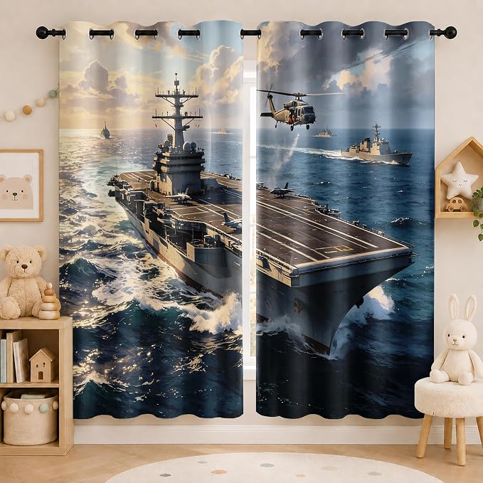 Aircraft Carrier Blackout Curtains 63 inches Long 2 Panels | Warship Helicopter - Image 2